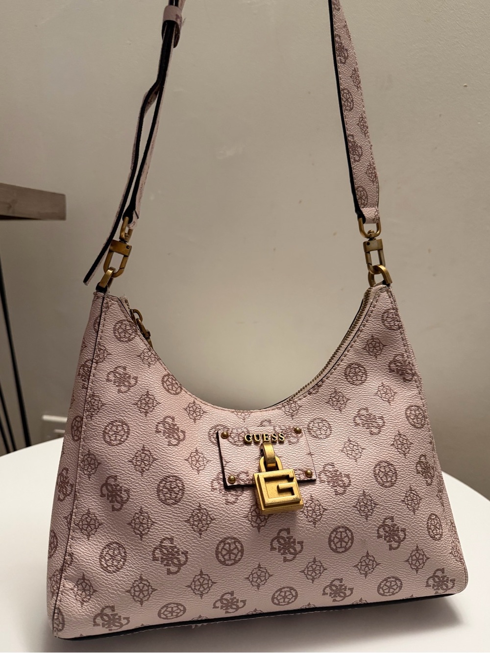 GUESS Blush Pink Monogram Shoulder Bag with Gold Hardware